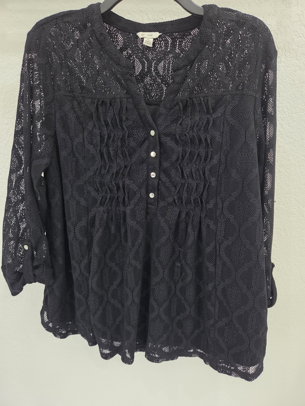 Women’s XL Black Lace Blouse Sheer Crochet Boho Pintuck 3/4 Sleeve Tunic Top